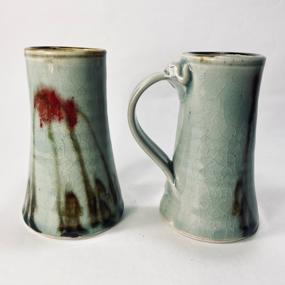 2 Small Signed Art Studio Pottery Celadon Crackle Glaze with Red Brown Mug Cups